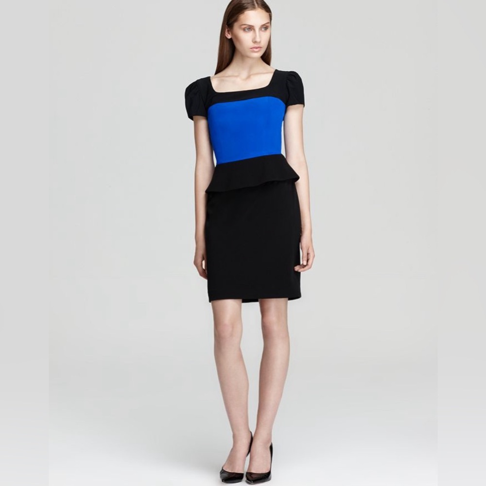 JAY GODFREY Revolve Bloomingdale’s Designer Peplum Cap Sleeve Colour-Block Dress